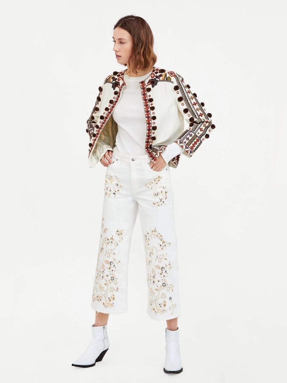 Zara The Western Embroidery Culotte White Jeans